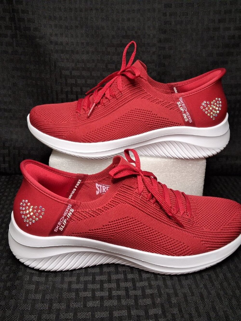 Womens Sketchers Slip-Ins Ultra Flex 3.0 Heart Me Red Bling Rhinestone Heart 7.5